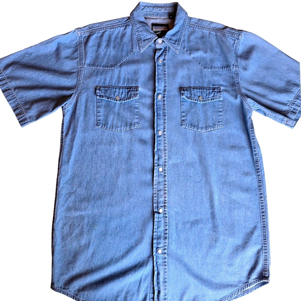 Vintage 90s Sandy River Denim Western Pearl Snap‎ Shirt Womens Large Top Blue